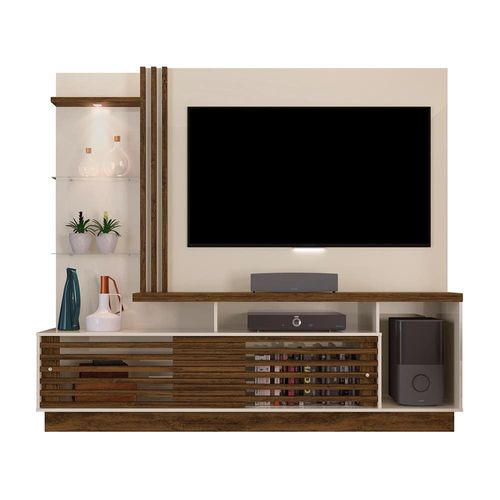 Estante Home Madetec Cross com 200 cm de Largura, 2 Portas e Nicho, Ideal para TV de até 60” Off White/Nogal