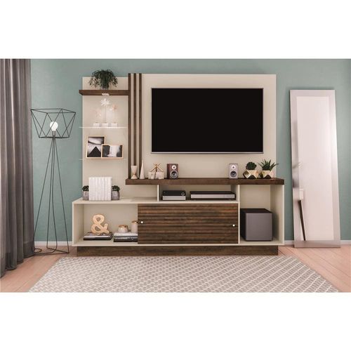 Estante Home Madetec Cross com 200 cm de Largura, 2 Portas e Nicho, Ideal para TV de até 60” Off White/Nogal