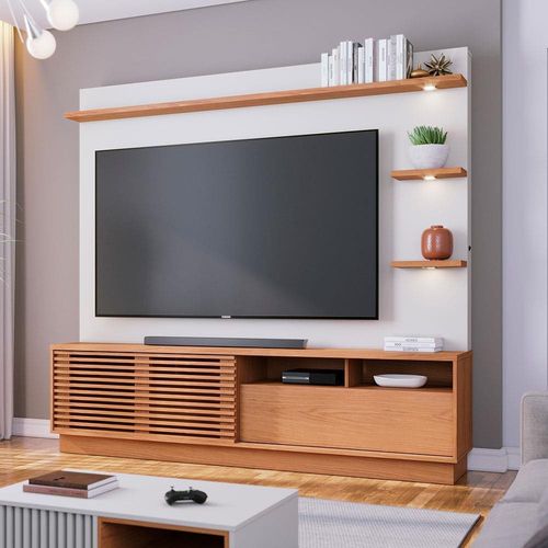Estante Home Colibri Campeche com Porta Deslizante, Spots de Led, 200 cm de Largura, Ideal para TV de Até 70” Freijó/Off White Matte