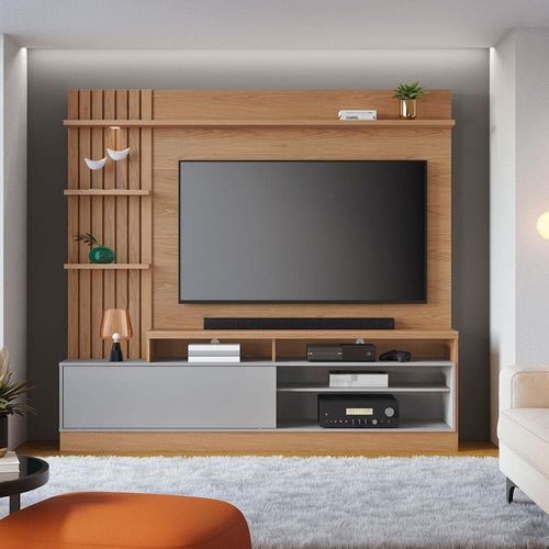 Painel Home Colibri Maceió com 4 Prateleiras, 4 Nichos, para TVs até 65” Freijó/Cinza Fosco