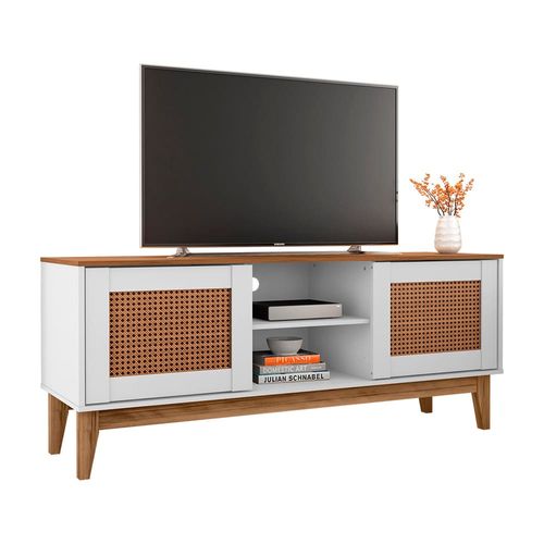 Rack Casa D Safira com 135 cm de Largura, 2 Portas, ideal para TV de até 60” Branco e Cedro