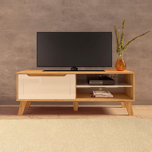 Rack Artely Lotus com 134 cm de Largura, 1 Porta Basculante, Ideal para TV de Até 60” Carvalho/Off White