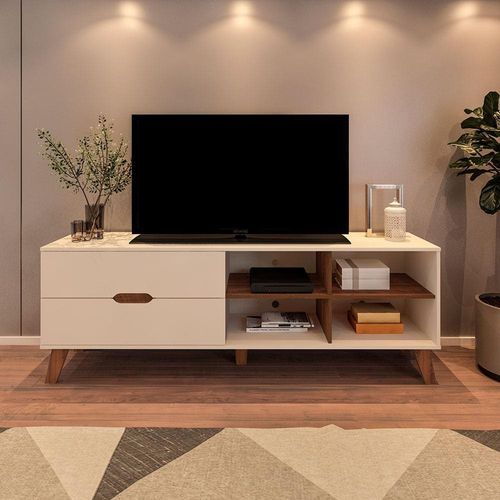 Rack Artely Verona com 180 cm de Largura, 2 Gavetas, Ideal para TV de Até 75” Off White/Pinho