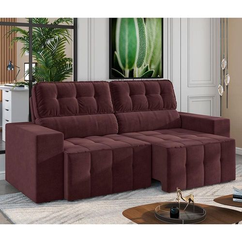 Sofá 4 Lugares Luizzi Falconi com 219 cm de Largura, Retrátil e Reclinável, Revestido em Veludo Plush Malbec