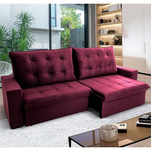 Sofá 3 Lugares Hellen Azure Retrátil/Reclinável, Revestido em Tecido Veludo e 250 cm de Largura Vinho