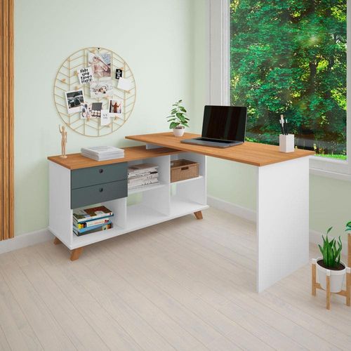 Escrivaninha Artany Gold com 2 Gavetas e 5 Nichos Freijó/Grafito/Branco