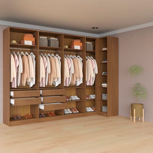 Guarda-roupa Modulado Canto Reto de Casal Bartira Lugano 8 Portas 5 Gavetas 11 Prateleiras 4 Peças com 313,5 de Largura – Avelã/Capuccino