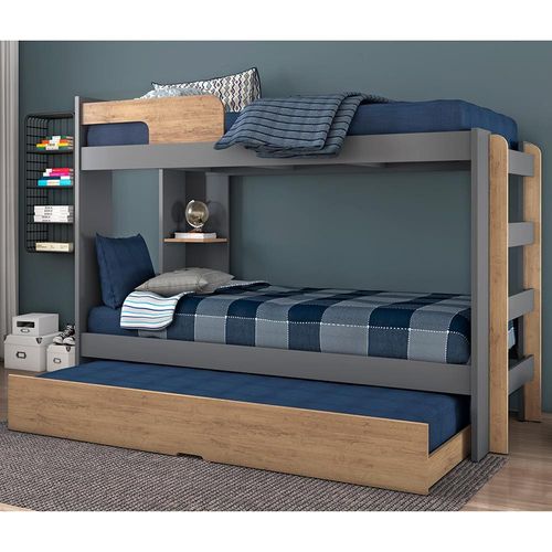 Beliche Conquista Lucca com Escada, Prateleira e Cama Auxiliar Premium II Amêndoa Fosco/Chumbo Fosco