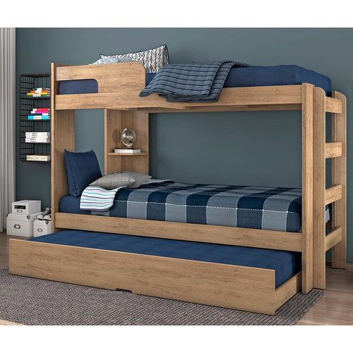 Beliche Conquista Lucca com Escada, Prateleira e Cama Auxiliar Premium II Amêndoa Fosco