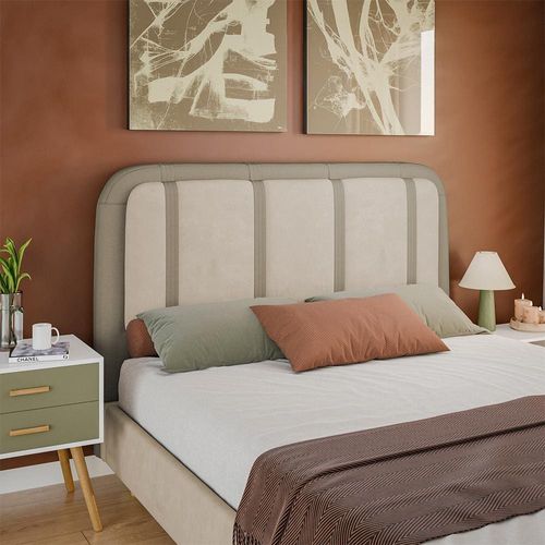 Cabeceira para Cama Box Queen Dobuê Leon com Revestimento em Veludo e Corino Kaki/Bege