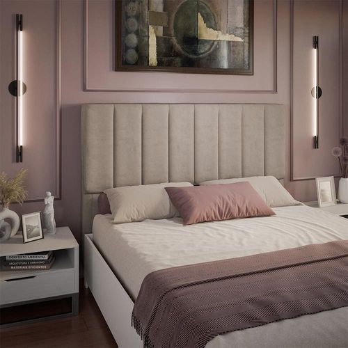 Cabeceira para Cama Box Queen Dobuê Veneza com Revestimento em Veludo Bege