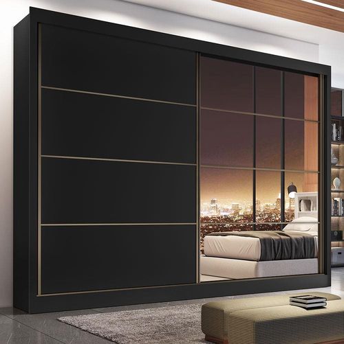 Guarda-Roupa Casal Mademarques Sevilha Flex com 228 cm Largura, 2 Portas, 6 Gavetas, 10 Prateleiras e Espelho Preto/Branco