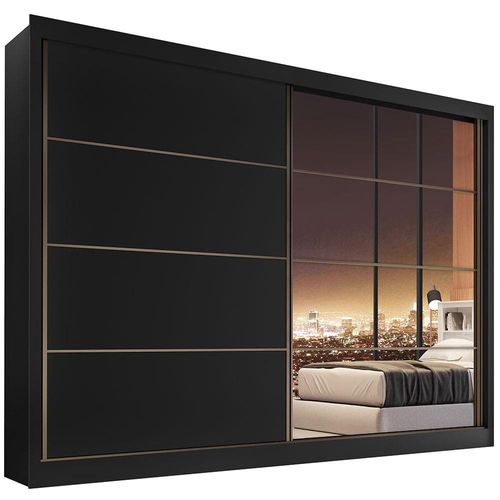 Guarda-Roupa Casal Mademarques Sevilha Flex com 228 cm Largura, 2 Portas, 6 Gavetas, 10 Prateleiras e Espelho Preto/Branco