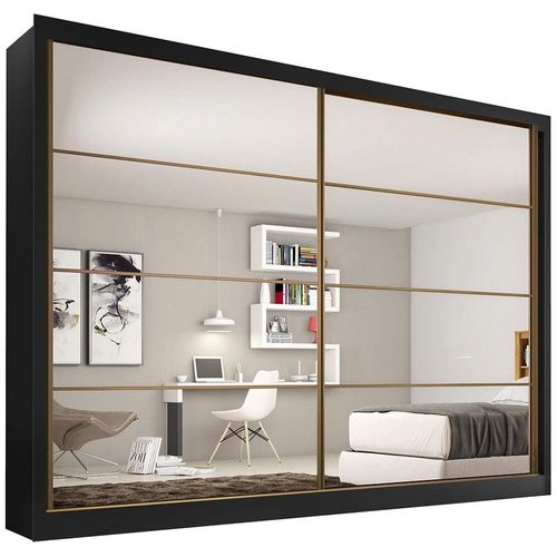 Guarda-Roupa Casal Mademarques Sevilha com 228 cm de Largura, 2 Portas, 6 Gavetas, 10 Prateleiras e Espelho Preto/Branco