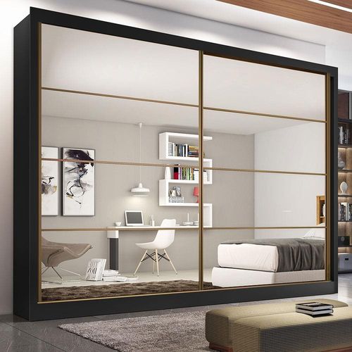 Guarda-Roupa Casal Mademarques Sevilha com 228 cm de Largura, 2 Portas, 6 Gavetas, 10 Prateleiras e Espelho Preto/Branco