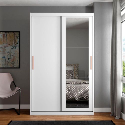 Guarda-Roupa Solteiro Bartira Paris com 134,4 cm de Largura, Espelho, 2 Portas de Correr e 2 Gavetas Branco