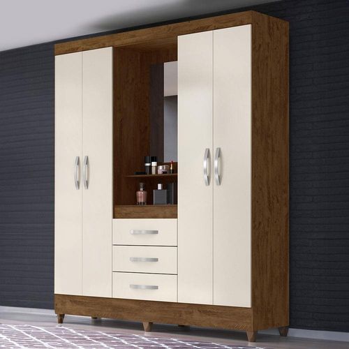 Guarda-Roupa Moval Capri com Espelho, 4 Portas e 3 Gavetas Castanho Wood/Baunilha