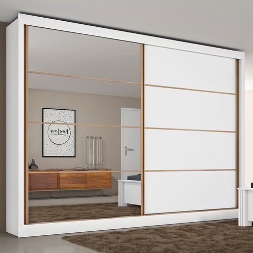 Guarda-Roupa Casal Mademarques Sevilha Flex com 228 cm Largura, 2 Portas, 6 Gavetas, 10 Prateleiras e Espelho Branco Acetinado