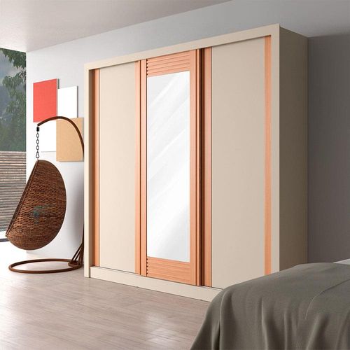 Guarda-Roupa Casal Bartira Village com 3 Portas, 4 Gavetas, Espelho e 243,1 cm de Largura Areia/Peroba