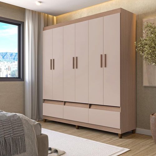 Guarda-Roupa Bartira Ilhéus com Cabideiro, 6 Portas de Bater, 3 Gavetas e 180cm de Largura Avelã/Capuccino