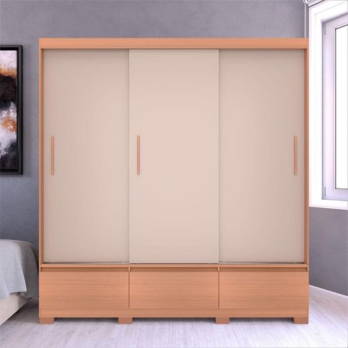 Guarda-Roupa Casal Bartira Monza com 199,8 cm de Largura, 3 Portas de Correr e 3 Gavetas Avelã/Capuccino