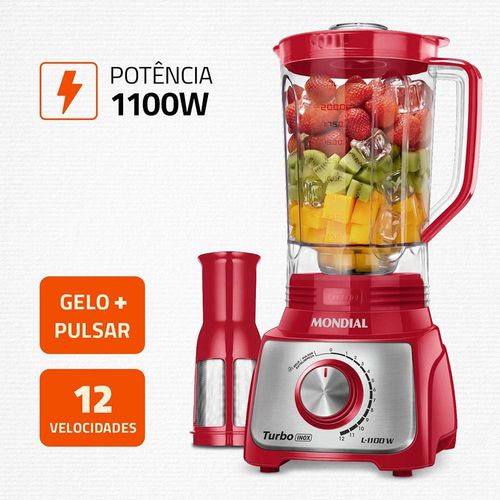 Liquidificador Mondial Turbo L-1100 com 12 Velocidades 1100W - Vermelho/Inox 110v