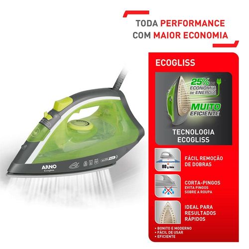 Ferro de Passar a Vapor Arno Ecogliss FEC1 com Spray e Base Cerâmica - Verde 110V