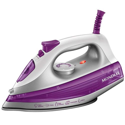 Ferro de Passar a Vapor Mondial FVN-01-P com Spray e Base Cerâmica Diamante – Branco/Roxo 110V