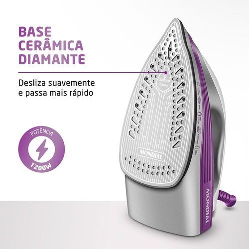Ferro de Passar a Vapor Mondial FVN-01-P com Spray e Base Cerâmica Diamante – Branco/Roxo 110V