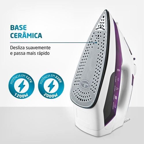 Ferro de Passar a Vapor Mondial Ceramic Express F-40 com Spray e Base Cerâmica - Branco/Roxo 220V