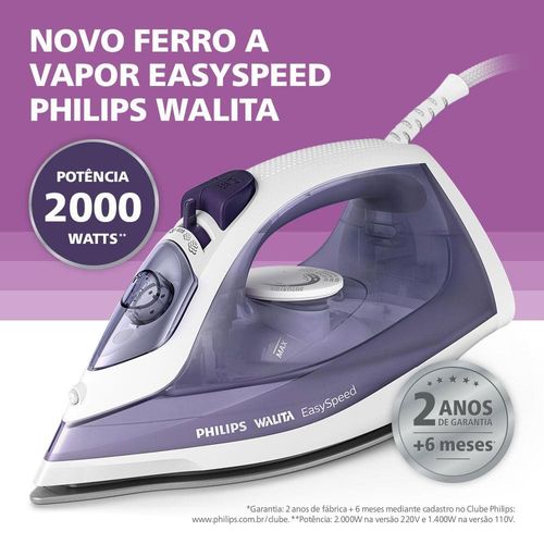 Ferro de Passar a Vapor Philips Walita EasySpeed GC1752 com Spray e Base de Cerâmica – Roxo/Branco 110V