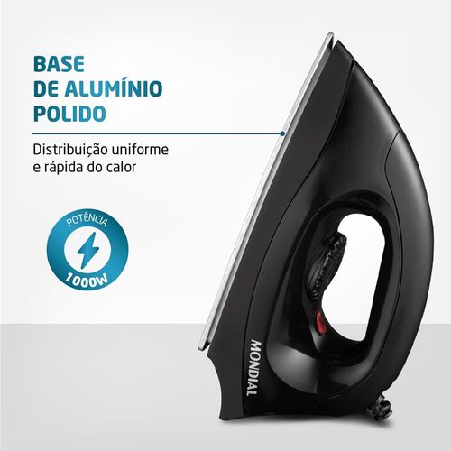 Ferro de Passar a Seco Mondial FSN-55-B com Base em Alumínio Polido – Preto 220V