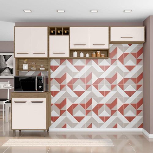 Cozinha Compacta Poliman Barcelona com 8 Portas e 3 Prateleiras - 258cm de largura Carvalho Oak/Off White