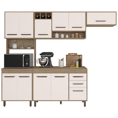 Cozinha Compacta Poliman Barcelona com Balcão, 11 Portas, 2 Gavetas, Nicho e Adega para 3 Garrafas - 258cm de largura - Carvalho Oak/Off White