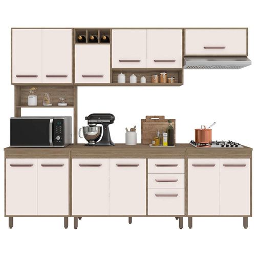 Cozinha Compacta Poliman Barcelona com Balcão Cooktop, 13 Portas, 2 Gavetas, Nicho e Adega para 3 Garrafas - 258cm de largura - Carvalho Oak/Off White