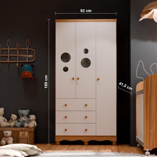 Guarda-roupa Peroba Duda Plus com 3 Portas 3 Gavetas com 92 cm de largura – Branco/Amêndoa