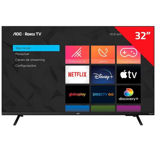 Smart TV 32" AOC HD 32S5135/78G Roku TV, Dolby Digital, Comando de Voz, 60 Hz, Processador Quad Core