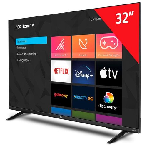 Smart TV 32" AOC HD 32S5135/78G Roku TV, Dolby Digital, Comando de Voz, 60 Hz, Processador Quad Core