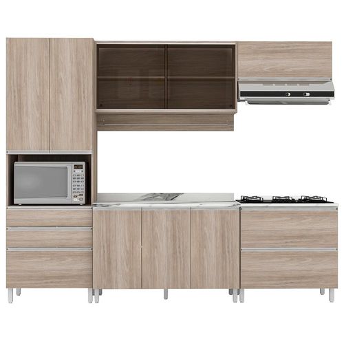 Cozinha Completa Bartira Amazonita com 9 Portas, 7 Prateleiras e 4 Gavetas - 217,9cm de largura - Carvalho