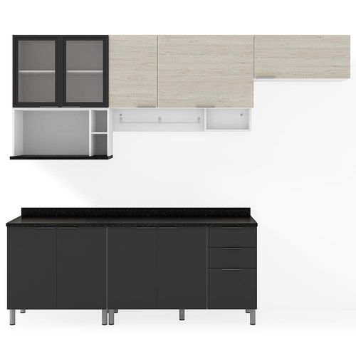 Cozinha Completa Bartira Rubi com 9 Portas, 3 Gavetas e 6 Prateleiras - 280cm de largura - Branco/Freixo/Preto