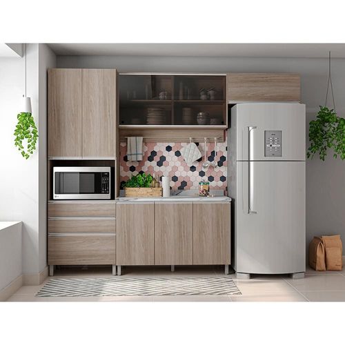 Cozinha Completa Bartira Amazonita com 8 Portas, 6 Prateleiras e 3 Gavetas - 271cm de largura Carvalho