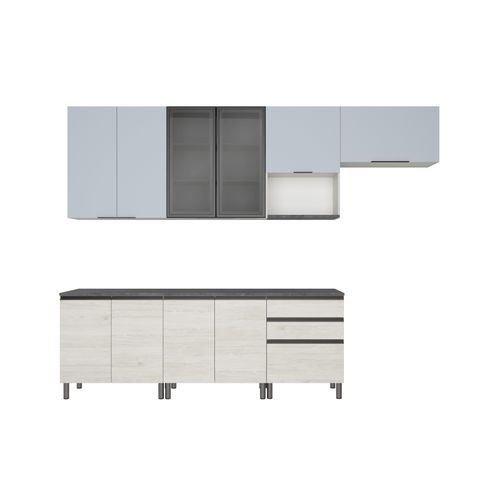 Cozinha Completa Bartira Cristal com 10 Portas, 3 Gavetas e 6 Prateleiras - 300cm de largura Freixo/Azul