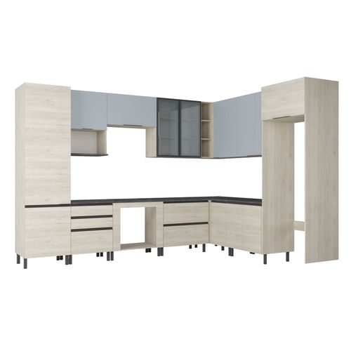Cozinha Bartira Cristal com 15 Portas, 3 Gavetas, 13 Prateleiras e Nicho para Forno e Micro-ondas - 762,8cm de largura - Freixo/Azul