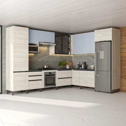 Cozinha Bartira Cristal com 15 Portas, 3 Gavetas, 13 Prateleiras e Nicho para Forno e Micro-ondas - 762,8cm de largura - Freixo/Azul