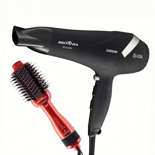 Escova Secadora Britânia Soft BES12 Luz Infrared 1300W - Vermelha/Preta + Secador de Cabelos Britânia SP3100 2000W - Preto 110V