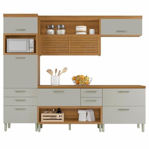Cozinha Completa em MDF Nesher Princesa com 6 Portas 6 Gavetas e 12 Prateleiras - Freijo/Offwhite 264cm