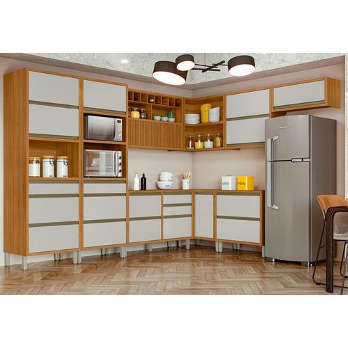 Cozinha Completa em MDF 15MM Nesher Baronesa com 10 Portas 11 Gavetas e 21 Prateleiras - 565cm de largura - Freijo/Off White