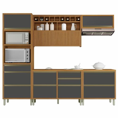 Cozinha Completa em MDF Nesher Baronesa com 5 Portas 8 Gavetas e 10 Prateleiras - Freijo/Grafite 270cm