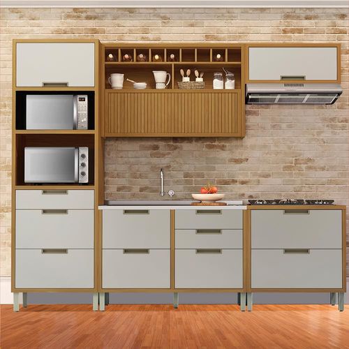 Cozinha Completa em MDF Nesher Imperatriz com 5 Portas 8 Gavetas e 10 Prateleiras - Feijo/Off White 270cm