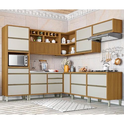 Cozinha Completa em MDF Nesher Baronesa com 10 Portas 9 Gavetas e 19 Prateleiras - Freijo/OffWhite